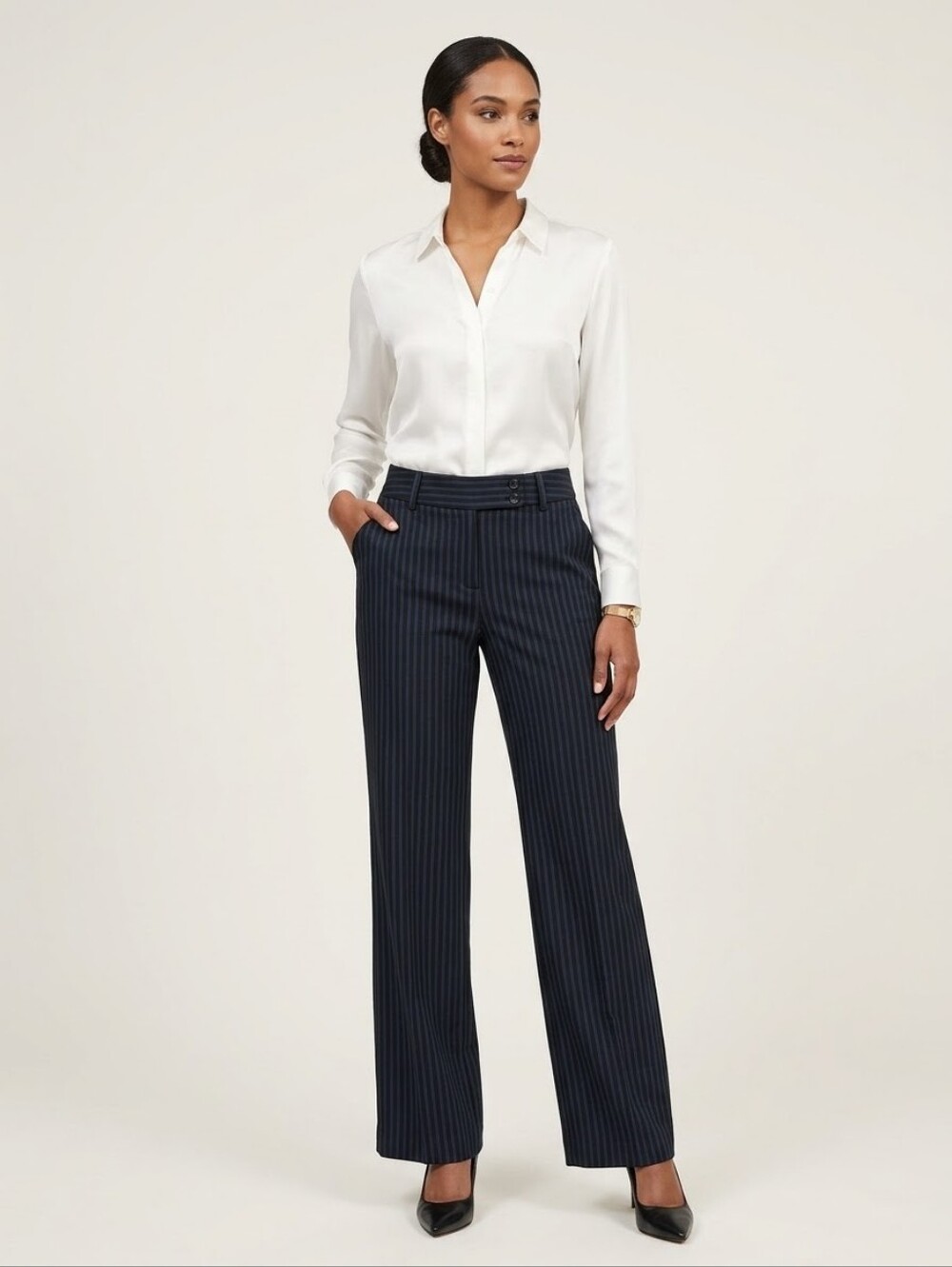 Vintage BOGARI Black Blue Pinstripe Silk Blend Wide Leg Trousers Size 10